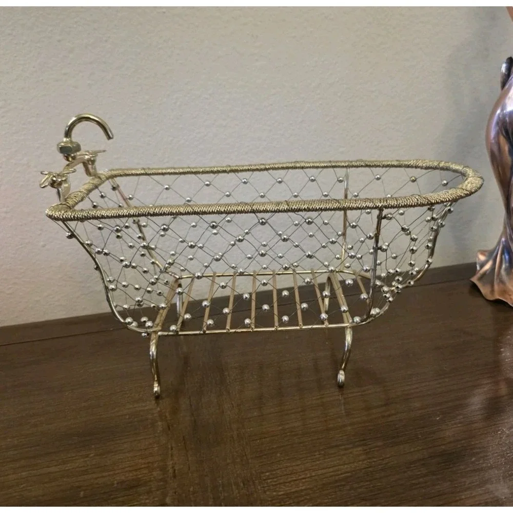 Gold Wire Beaded Clawfoot Bathtub Basket Bathroom Vanity Caddy Towel Soap Holder